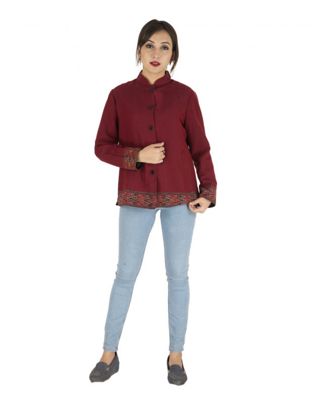 Red Woolen Buttoned Long Sleeve Mid Thigh Regular Fit Coat