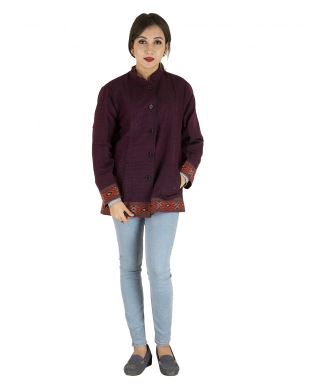 Purple Woolen Buttoned Long Sleeve Mid Thigh Regular Fit Coat