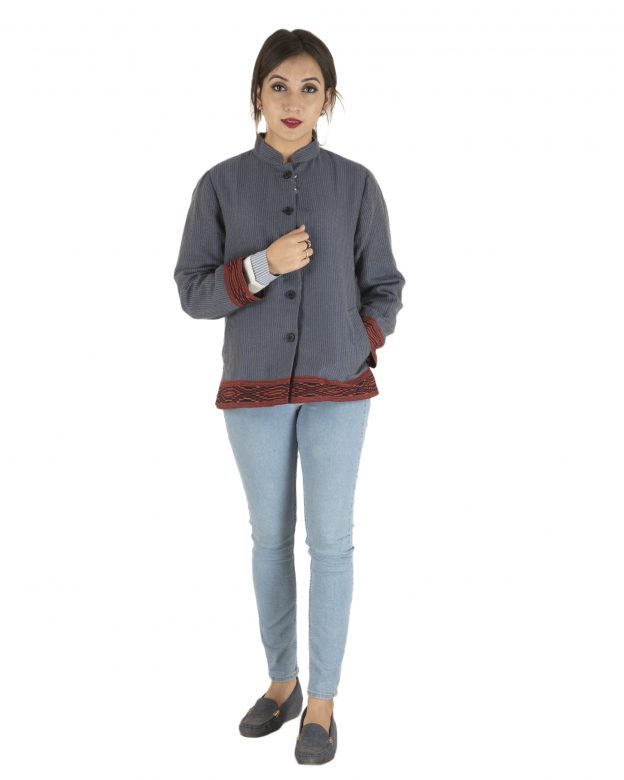 Blue Woolen Buttoned Long Sleeve Mid Thigh Regular Fit Coat