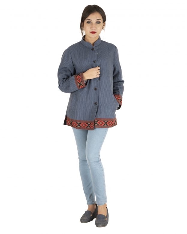 Blue Woolen Buttoned Long Sleeve Mid Thigh Regular Fit Coat