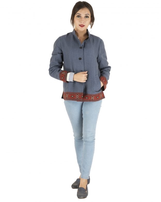 Blue Woolen Buttoned Long Sleeve Mid Thigh Regular Fit Coat