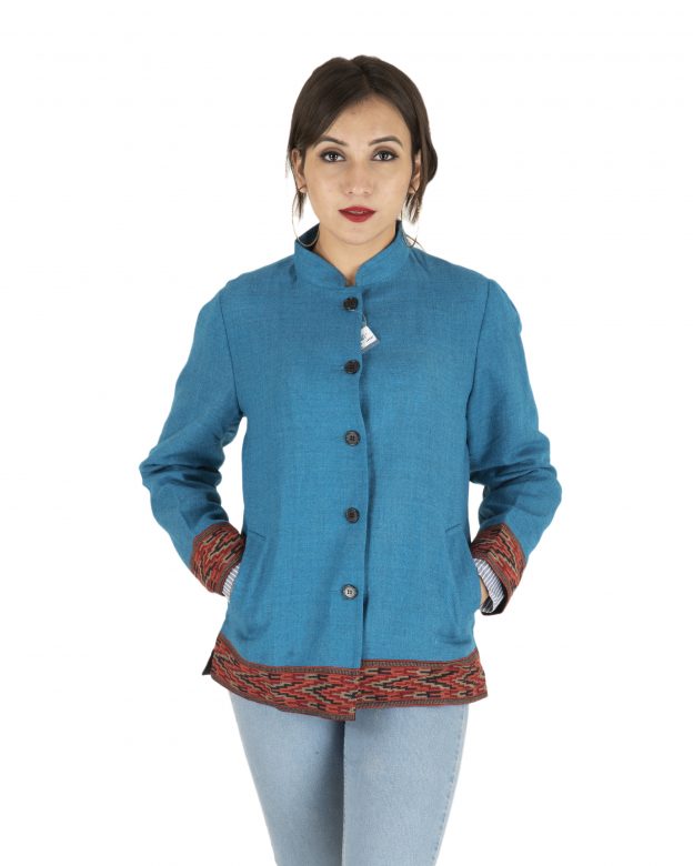 Blue Woolen Buttoned Long Sleeve Mid Thigh Regular Fit Coat