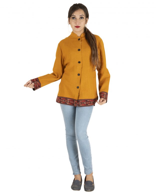 Orange Woolen Buttoned Long Sleeve Mid Thigh Regular Fit Coat