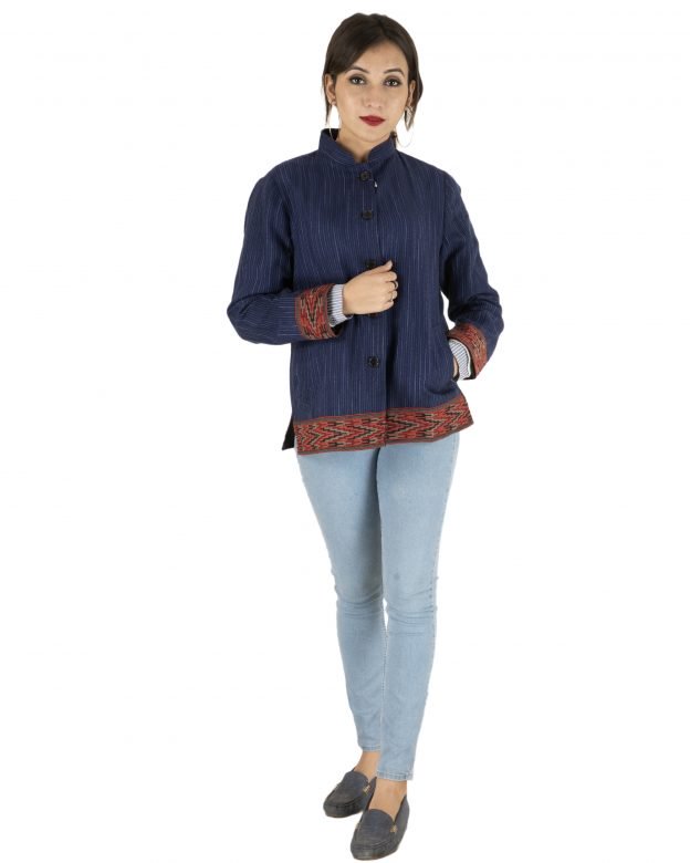 Blue Woolen Buttoned Long Sleeve Mid Thigh Regular Fit Coat