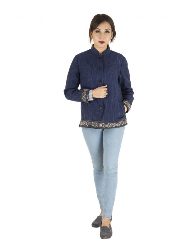 Blue Woolen Buttoned Long Sleeve Mid Thigh Regular Fit Coat