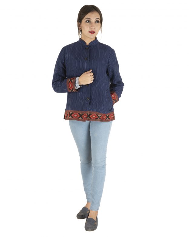 Blue Woolen Buttoned Long Sleeve Mid Thigh Regular Fit Coat