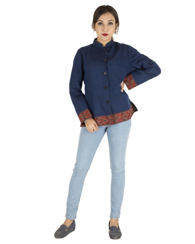 Blue Woolen Buttoned Long Sleeve Mid Thigh Regular Fit Coat