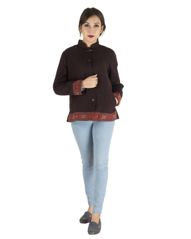 Brown Woolen Buttoned Long Sleeve Mid Thigh Regular Fit Coat