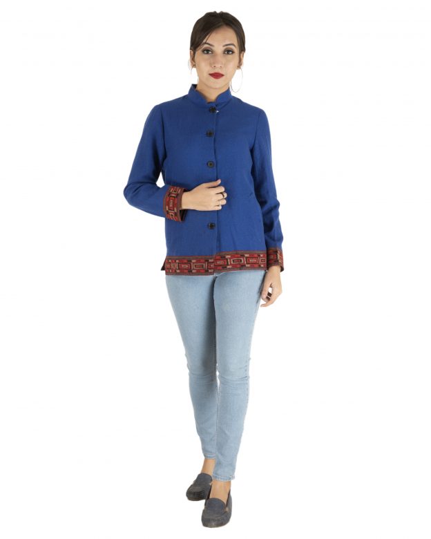 Blue Woolen Buttoned Long Sleeve Mid Thigh Regular Fit Coat