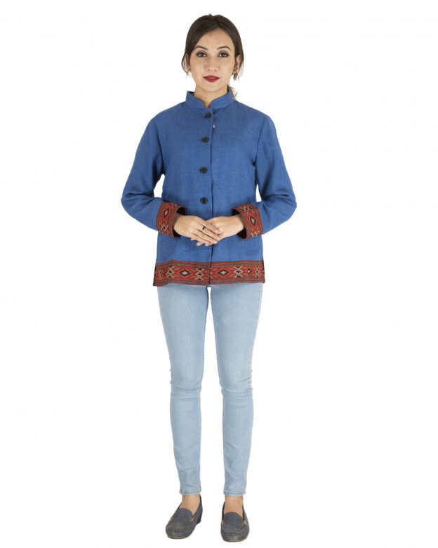 Blue Woolen Buttoned Long Sleeve Mid Thigh Regular Fit Coat