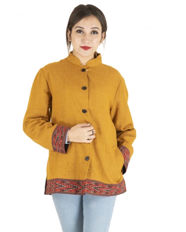 Yellow Woolen Buttoned Long Sleeve Mid Thigh Regular Fit Coat