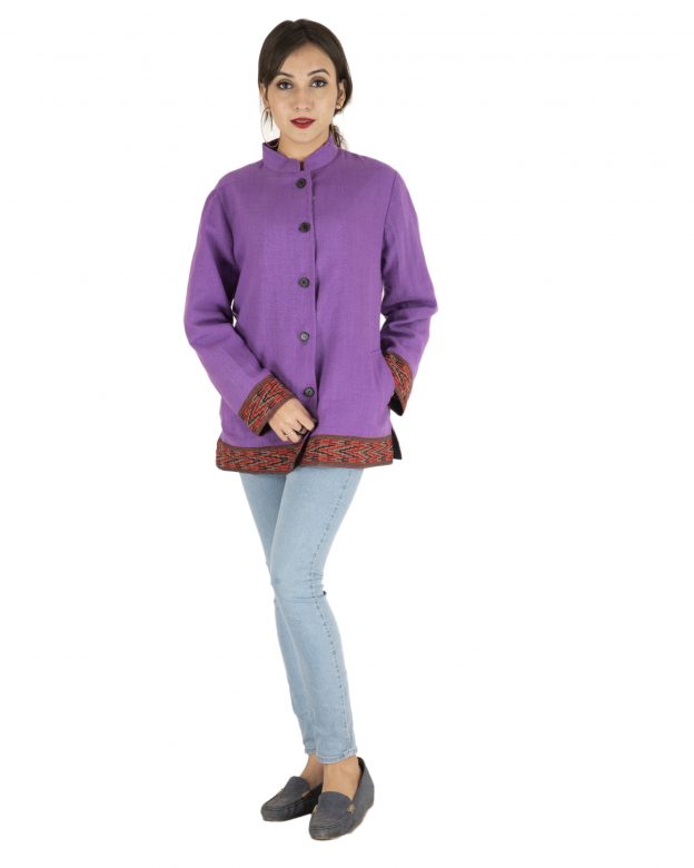 Purple Woolen Buttoned Long Sleeve Mid Thigh Regular Fit Coat