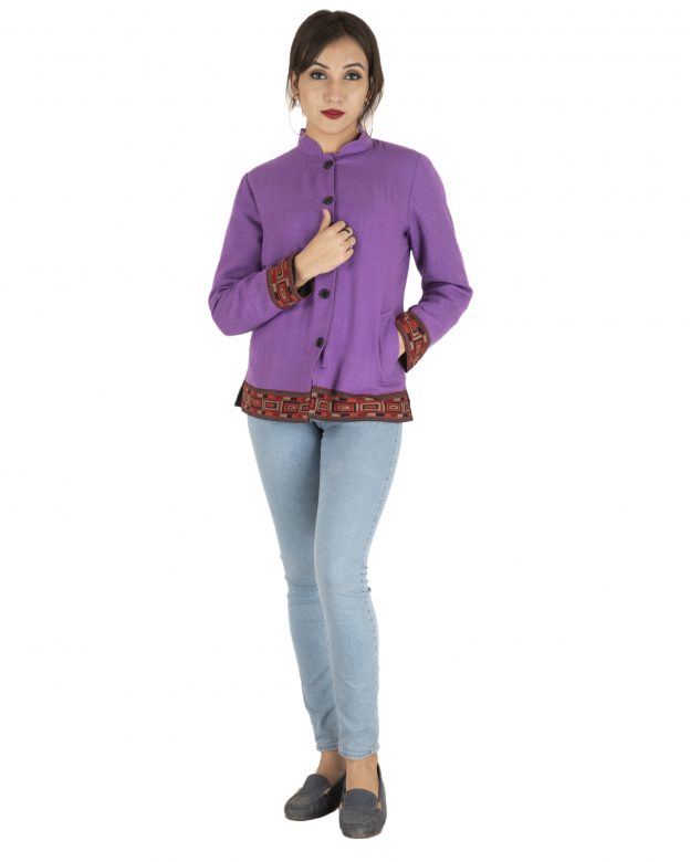 Purple Woolen Buttoned Long Sleeve Mid Thigh Regular Fit Coat