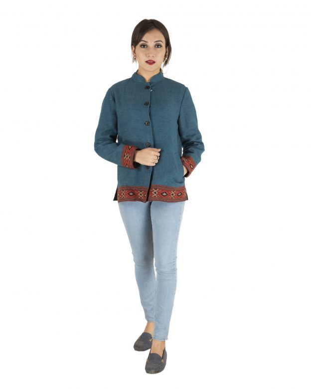 Blue Woolen Buttoned Long Sleeve Mid Thigh Regular Fit Coat