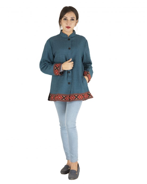 Blue Woolen Buttoned Long Sleeve Mid Thigh Regular Fit Coat