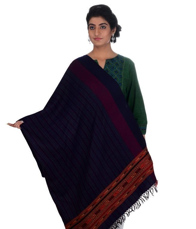 Handwoven Sheep Wool Chasm Dori Border Blue Shawl For Women