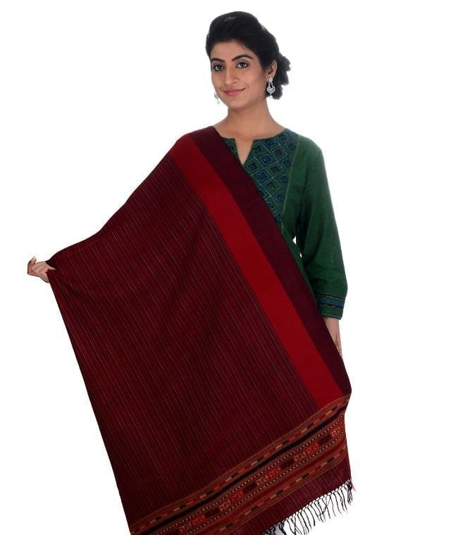 Handwoven Sheep Wool Chasm Dori Maroon Shawl For Women