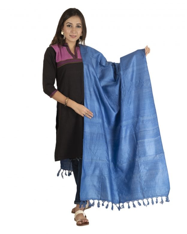 Handcrafted Tussar Silk Blue Dyed Dupatta