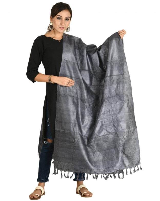 Handcrafted Tussar Silk Grey Dyed Dupatta