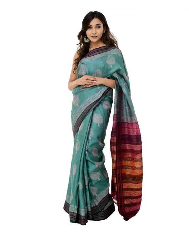 Printed Light Green & Grey Tassar Silk Saree