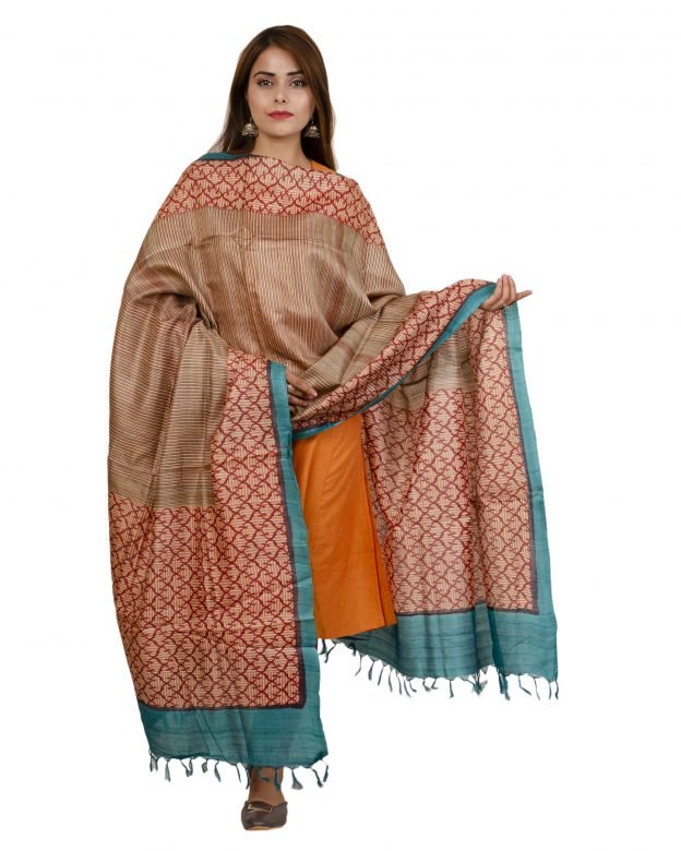 Handcrafted Tussar Silk Printed Multicolor Dupatta