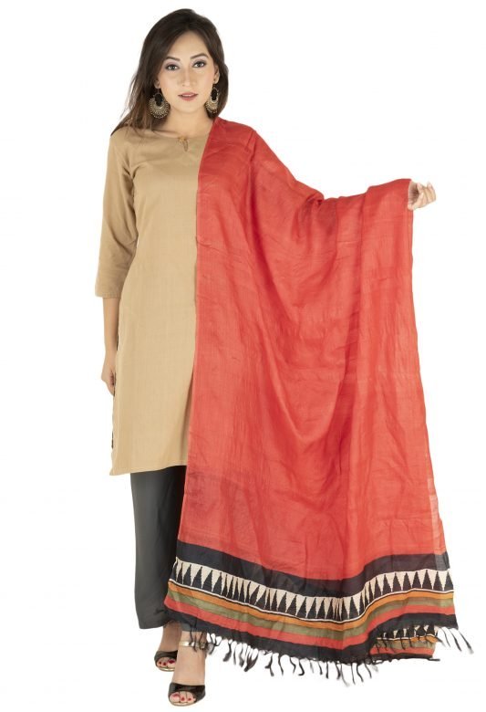 Red Printed Tussar Silk Dupatta
