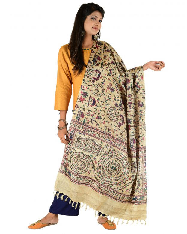 Green & Red Printed Tassar Silk Dupatta