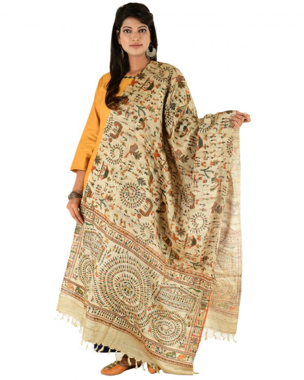 Light Brown & Green Printed Tassar Silk Dupatta