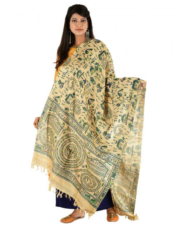 Peach & Green Printed Tassar Silk Dupatta