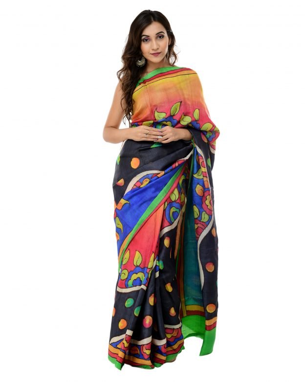 Hand Printed Blue & Black Silk Saree