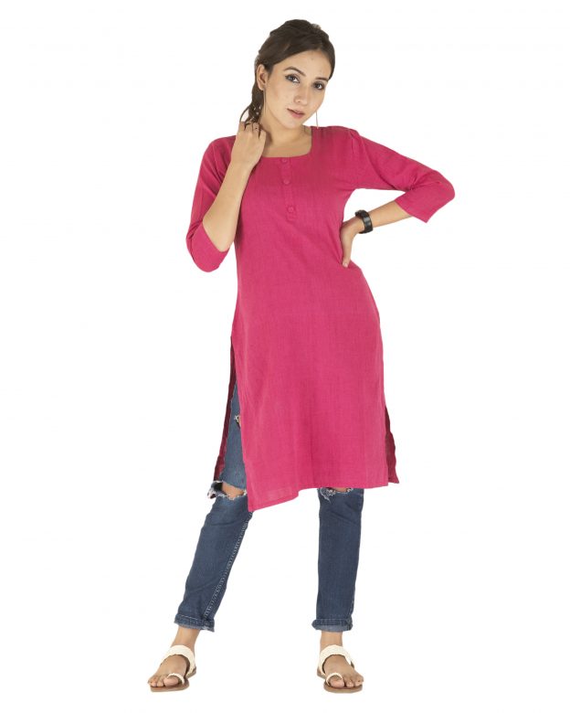 Ladies Cotton Pink 3/4 Sleeve Calf Length Long Kurta