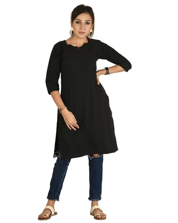 Ladies Cotton Black 3/4 Sleeve Calf Length Long Kurta