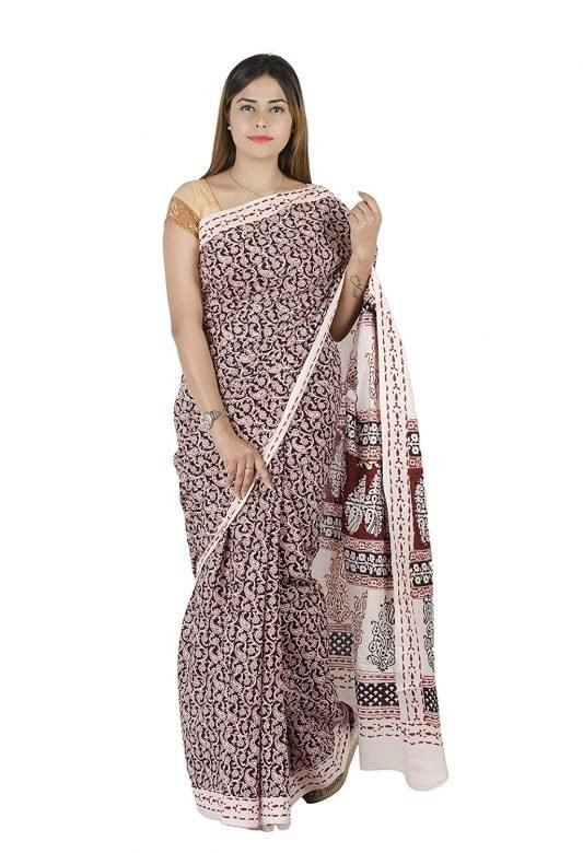 Tribes India Multicolor Cotton Bagh Print Plain Handmade Traditional Saree