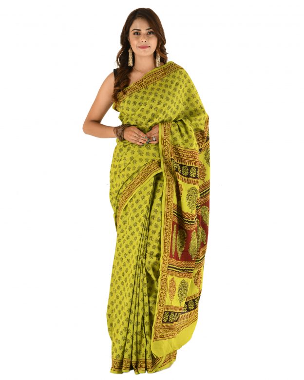 Tribes India Multicolor Cotton Bagh Print Plain Handmade Traditional Saree