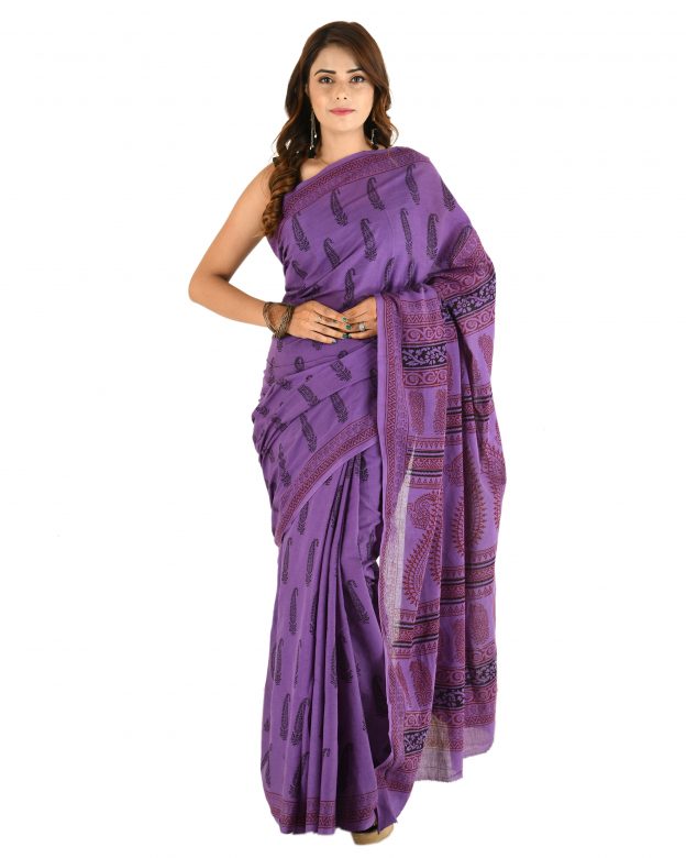 Multicolor Cotton Bagh Print Plain Handmade Traditional Saree