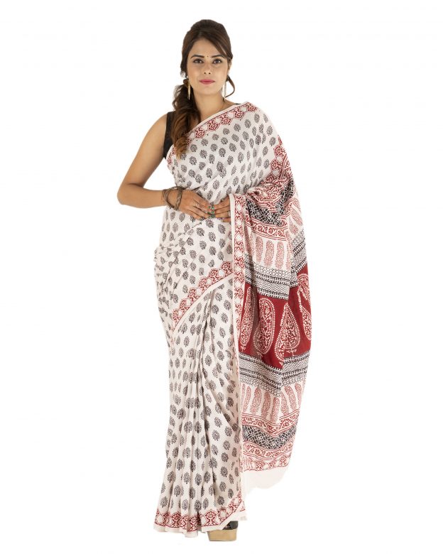 Multicolor Cotton Bagh Print Plain Handmade Traditional Saree