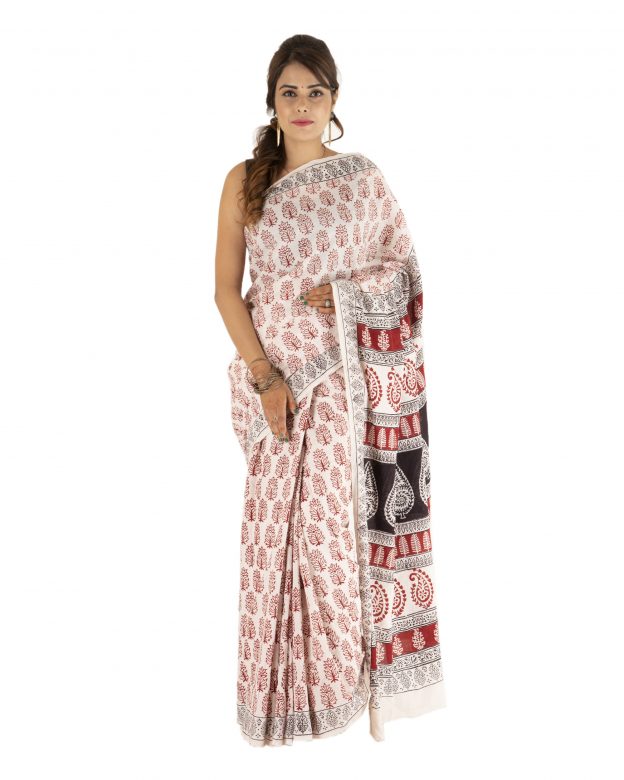 Tribes India Multicolor Cotton Bagh Print Plain Handmade Traditional Saree