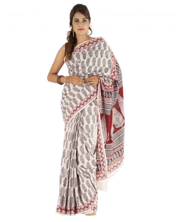 Tribes India Multicolor Cotton Bagh Print Plain Handmade Traditional Saree