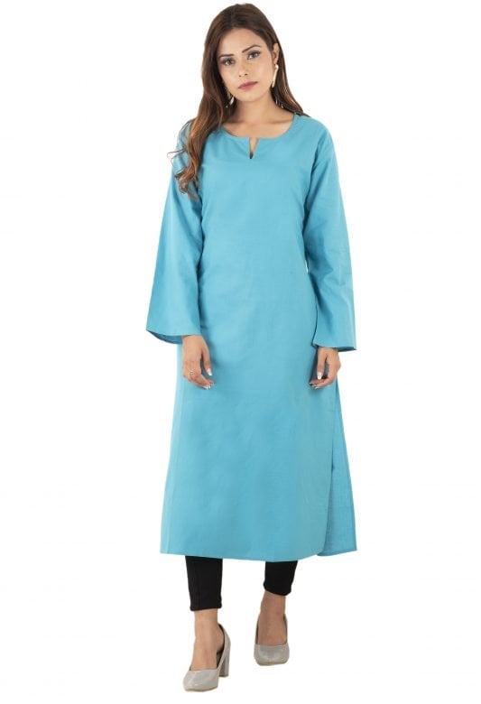 Ladies Plain Blue Cotton Kurta - 38
