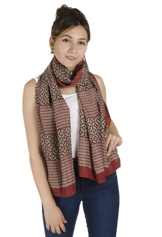 Light maroon & Black Free Size Printed Mulbury Silk Stole