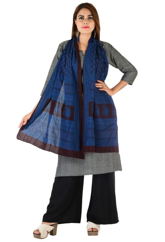 Bagh Print Blue Cotton Stole For Women