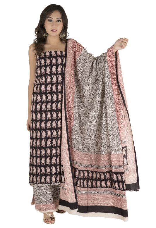 Black & Light Maroon Cotton Bagh Print Suit