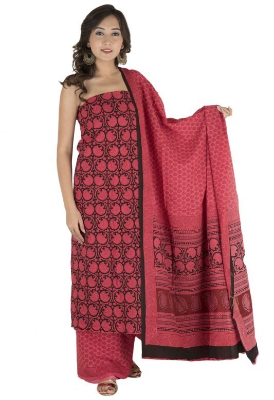 Black & Dark Pink Cotton Bagh Print Suit