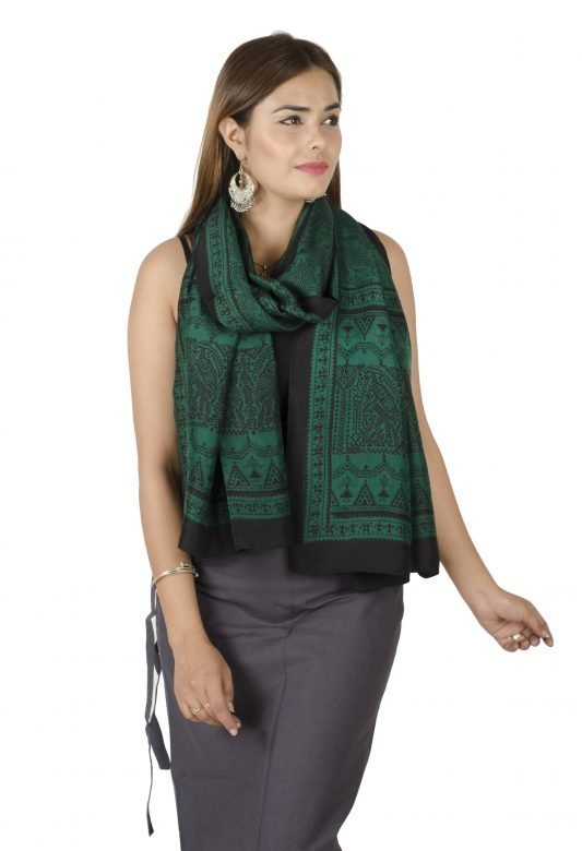 Green & Black Free Size Printed Mulbury Silk Stole