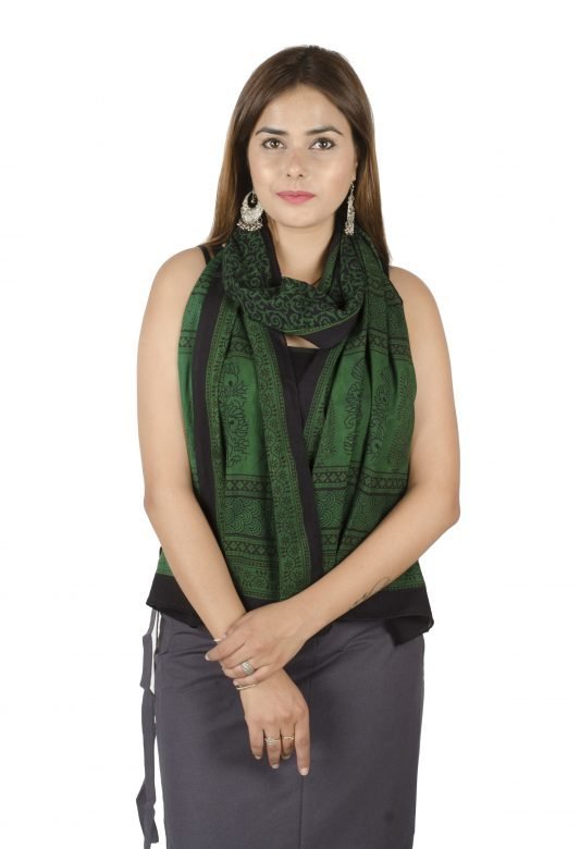 Green & Black Free Size Printed Cotton Stole
