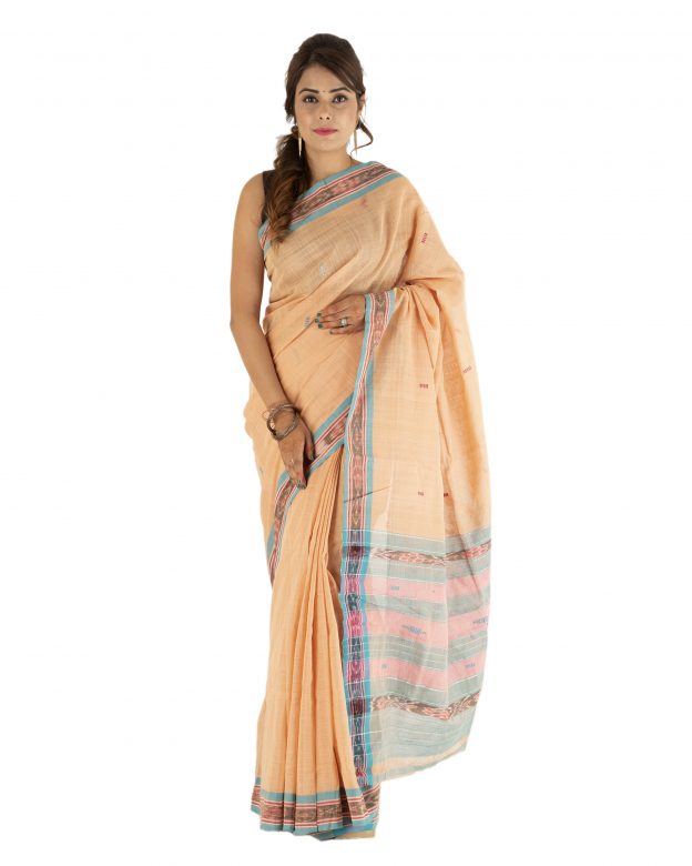 Traditional Cotton M Bandha Brick Red & Blue Plain Saree