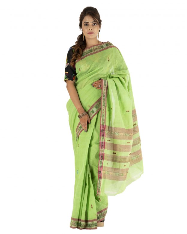 Traditional Cotton M Bandha Light Green & Blue Plain Saree