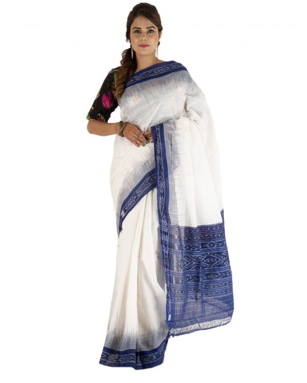 Tribes India Traditional Cotton M Bandha White & Navy Blue Plain Saree