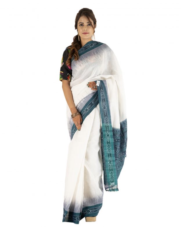 Traditional Cotton M Bandha White & Peacock Green Plain Saree
