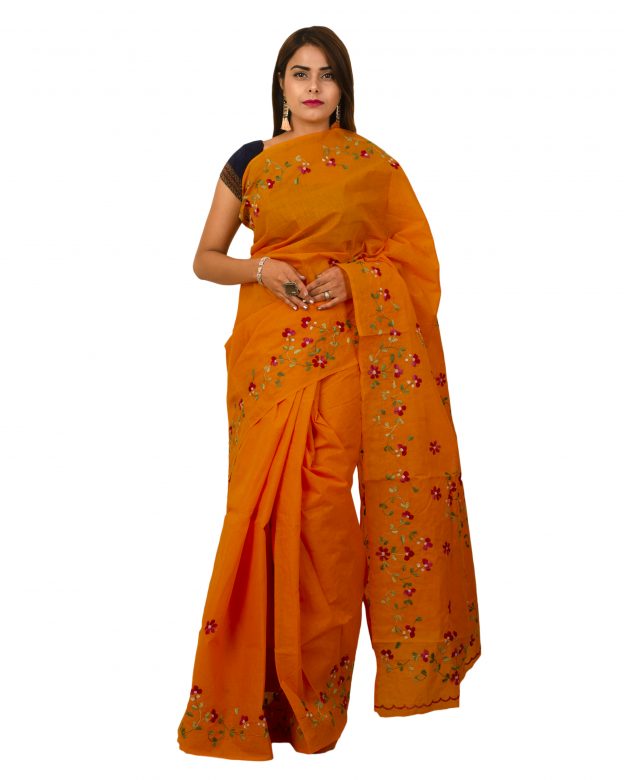 Pure Cotton Plain Orange Tribal Traditional Party Wear Saree